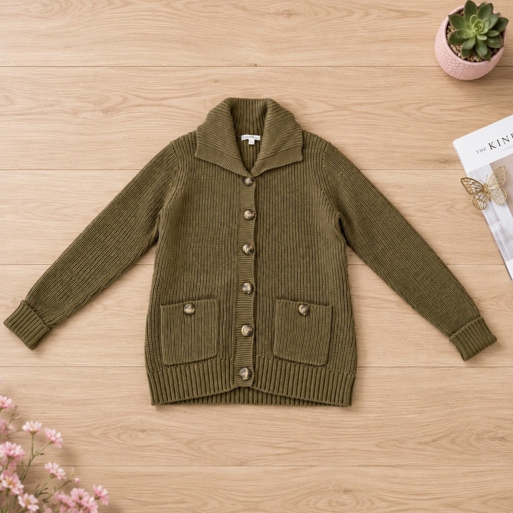 Orvis Women Army Green Shaker Stitch Cotton Shawl Collar Cardigan Sweater S 2MN4
